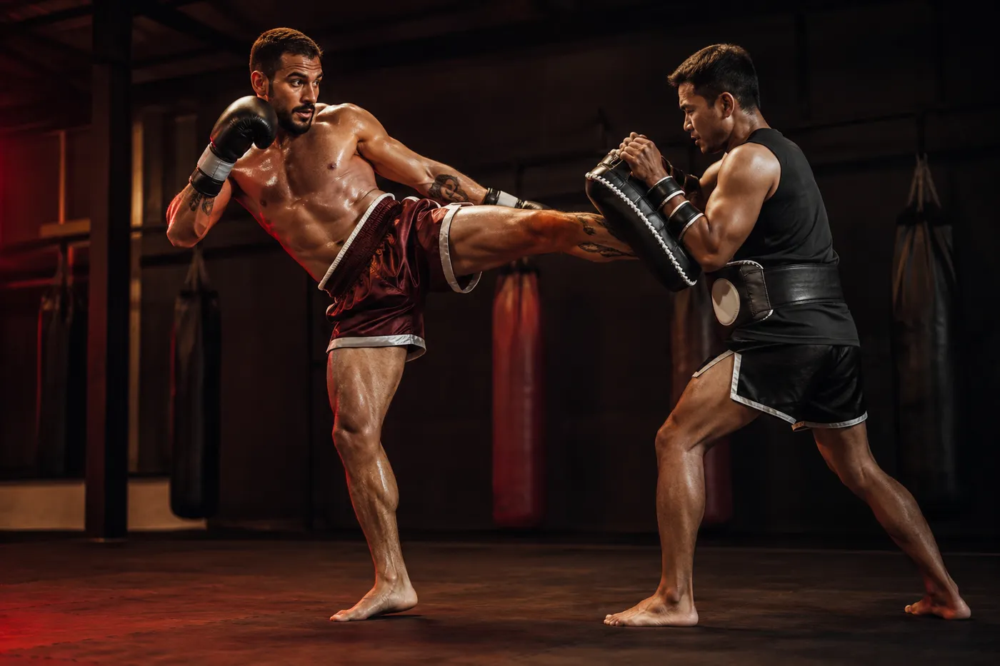 Chute de canela nos aparadores no treino de Muay Thai