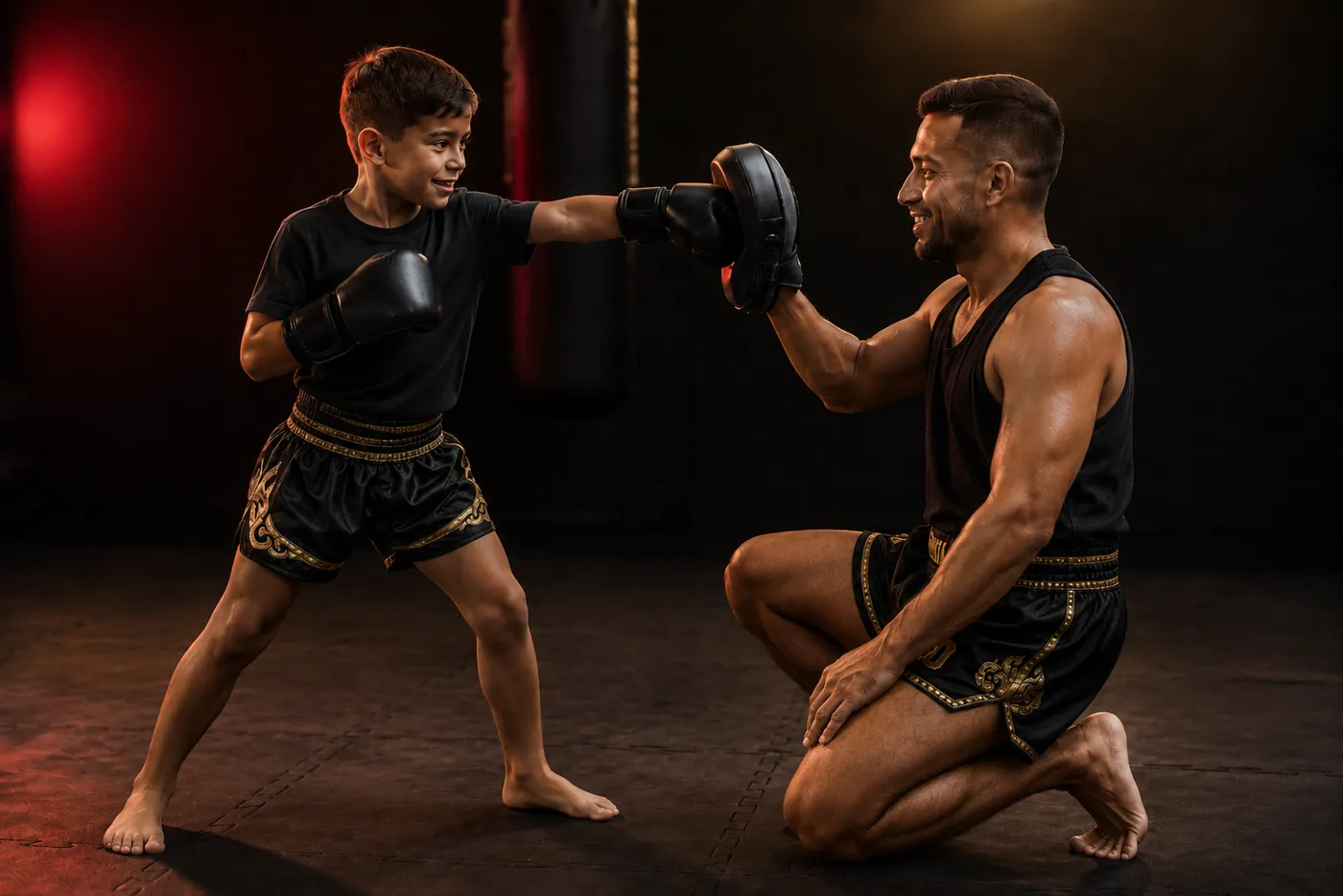 Criança treinando golpes com o instrutor no Muay Thai Kids